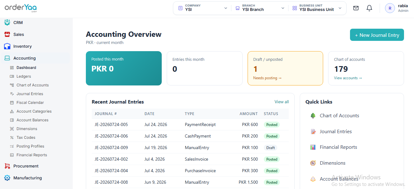 orderYaa Accounting Overview dashboard showing posted entries, drafts, and chart of accounts