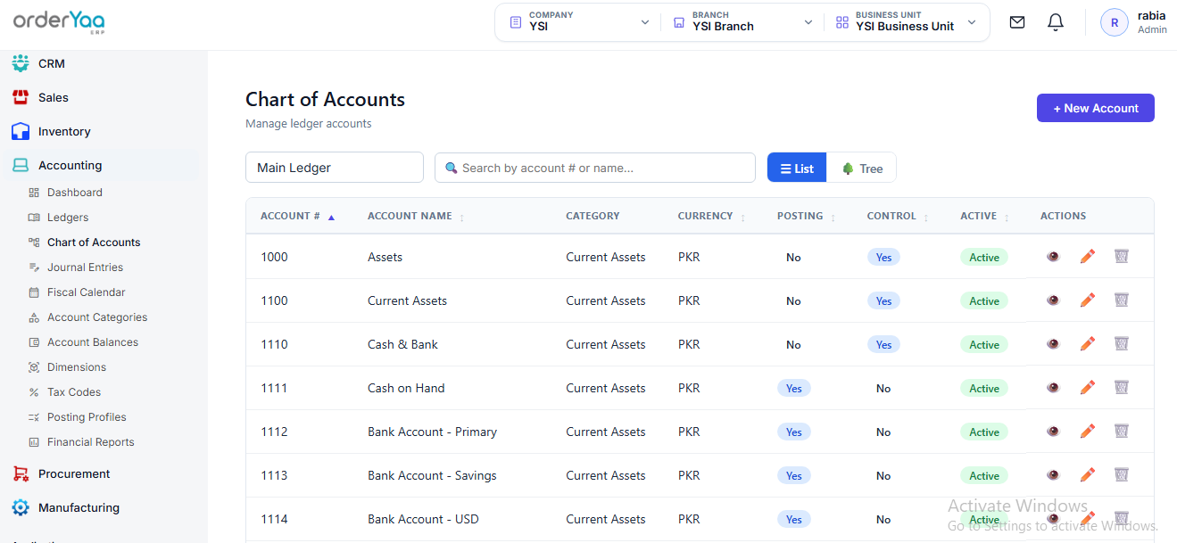 Chart of Accounts