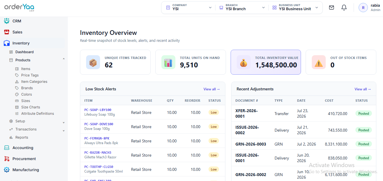 orderYaa Inventory dashboard showing stock levels, low stock alerts, and recent adjustments